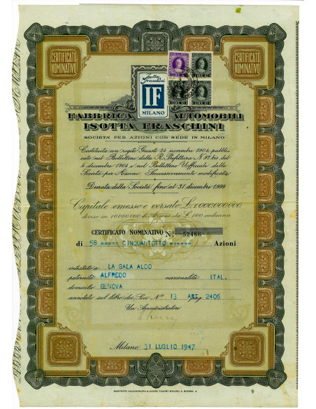 1947 - FABBRICA AUTOMOBILI ISOTTA FRASCHINI - CERTIF. NOMINATIVO- MILANO