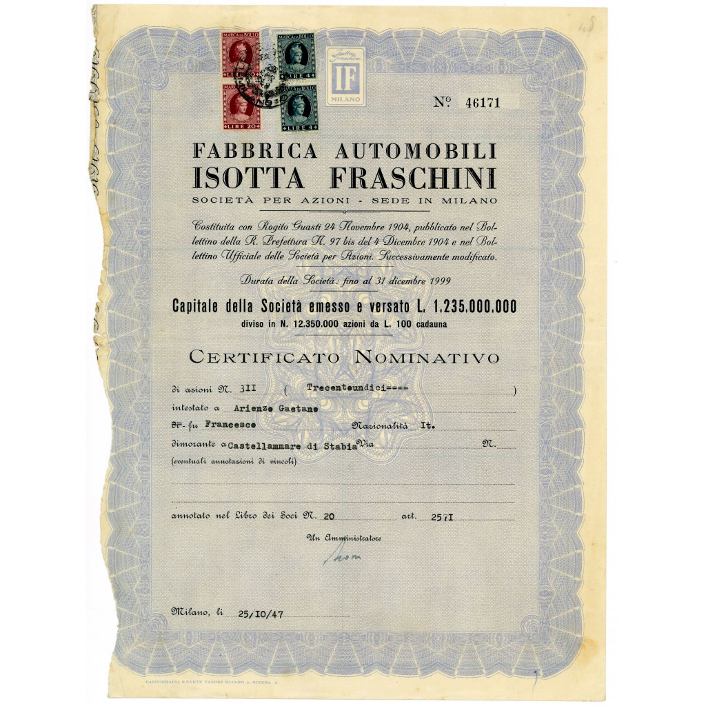 1947 - FABBRICA AUTOMOBILI ISOTTA FRASCHINI - CERTIF. NOMINATIVO BLU - MILANO