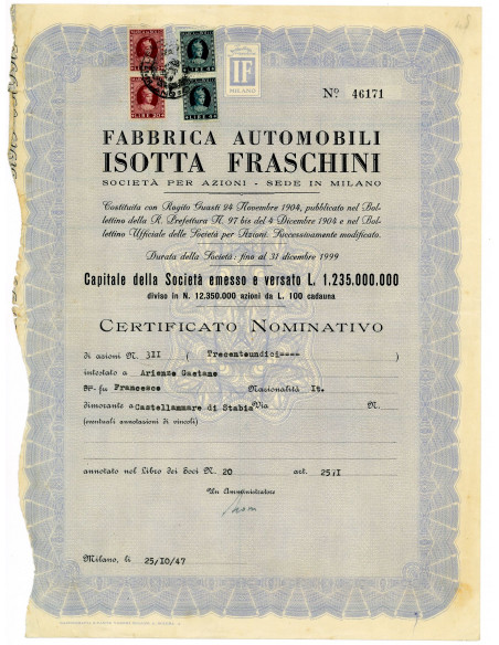 1947 - FABBRICA AUTOMOBILI ISOTTA FRASCHINI - CERTIF. NOMINATIVO BLU - MILANO