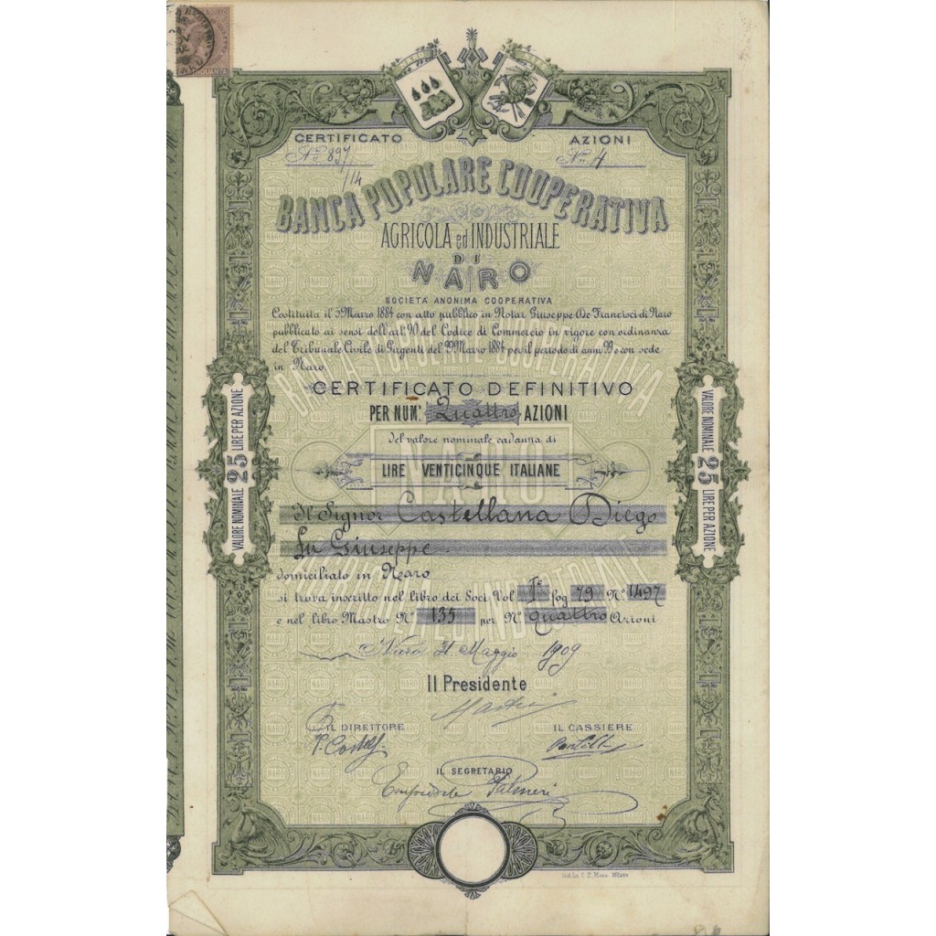 BANCA POP. COOP. AGRICOLA IND. DI NARO - AZIONI 1909