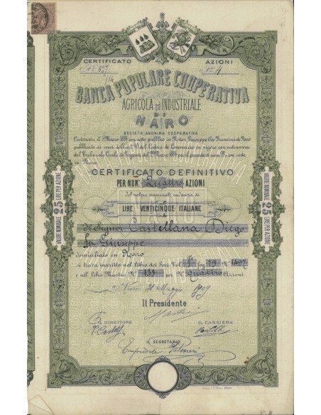BANCA POP. COOP. AGRICOLA IND. DI NARO - AZIONI 1909