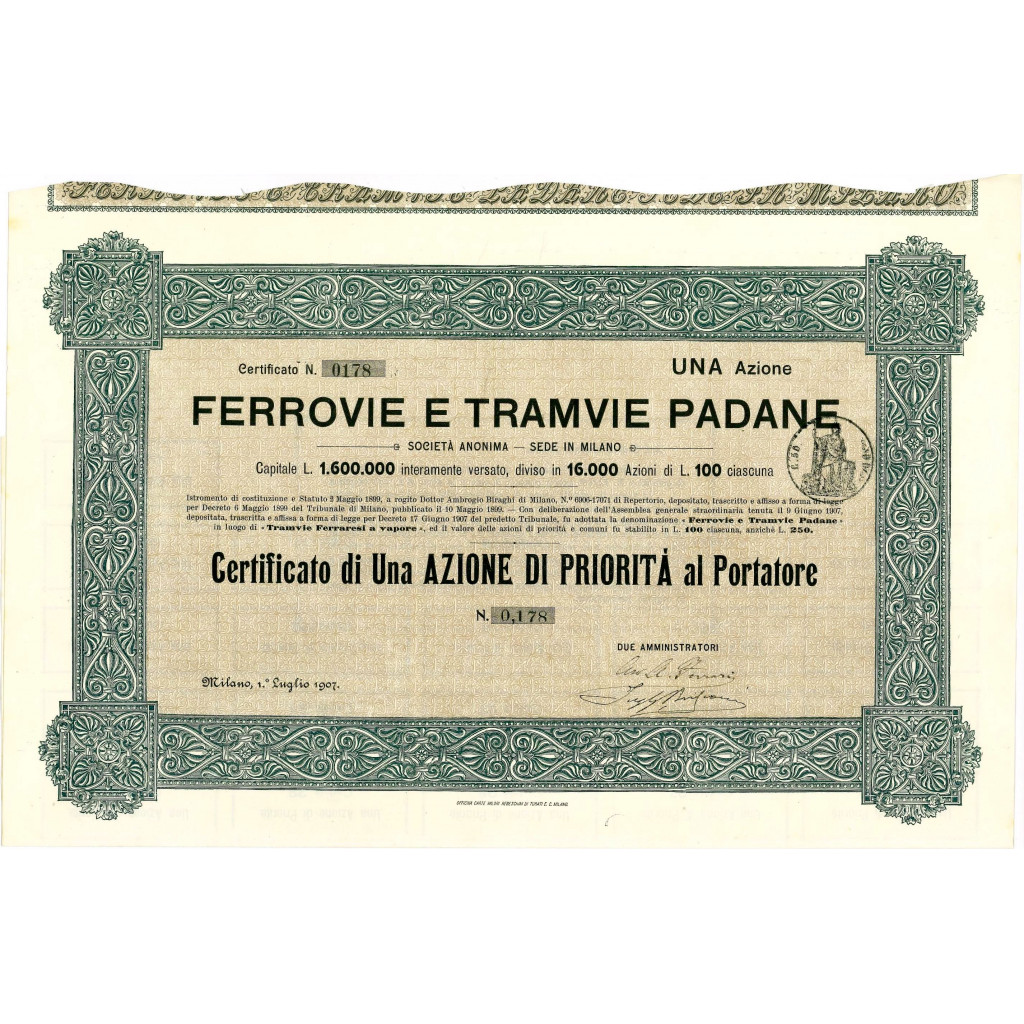 1907 - FERROVIE E TRAMVIE PADANE - 1 AZIONE - MILANO