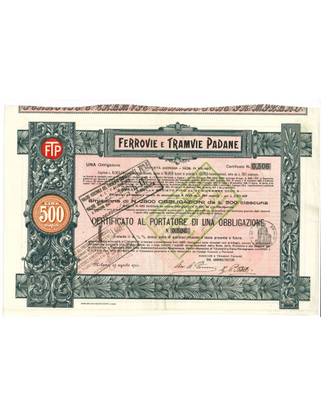 1912 - FERROVIE E TRAMVIE PADANE - UNA OBBLIGAZIONE - MILANO