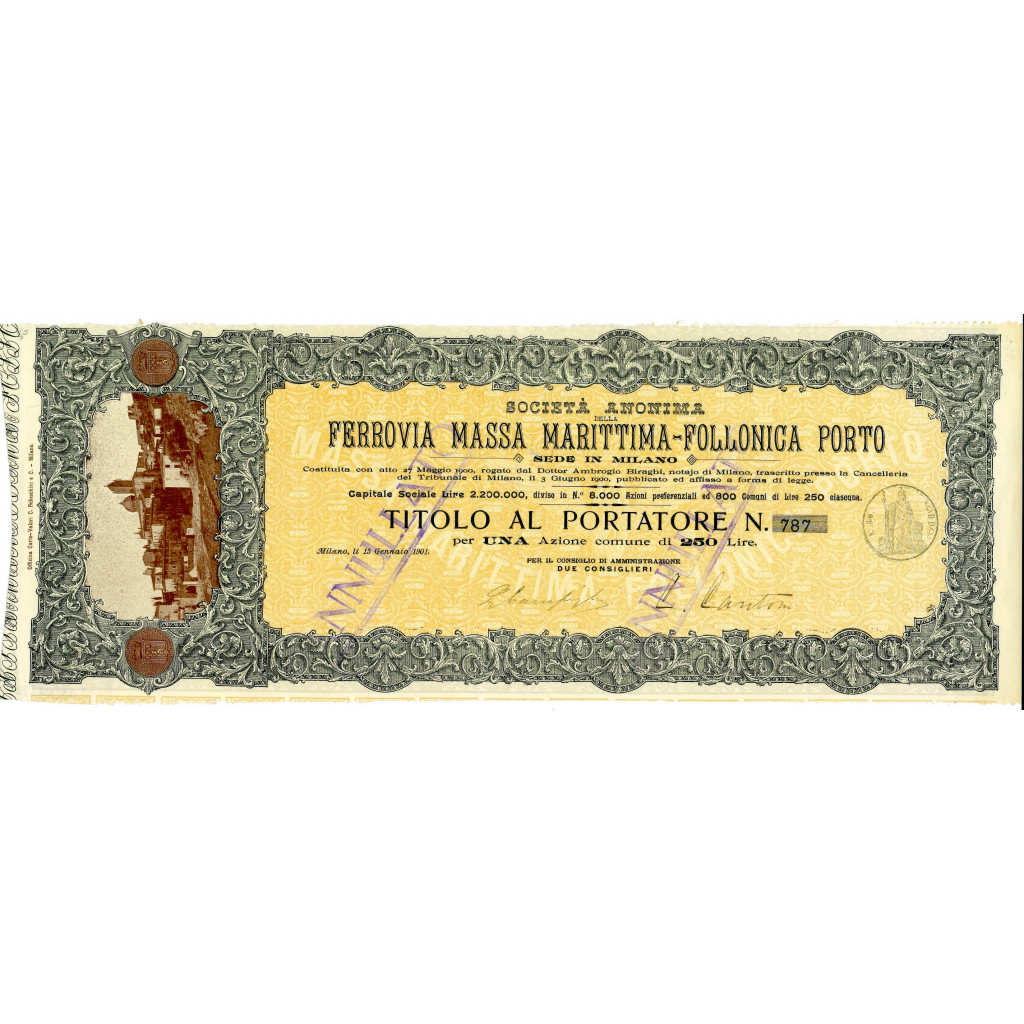 1901 SOC. ANON. FERROVIA MASSA MARITTIMA FOLLONICA PORTO 1 OBBLIG