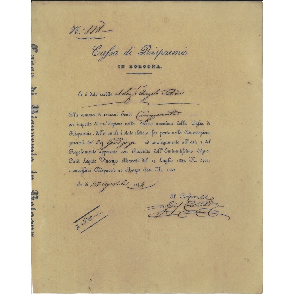CASSA DI RISPARMIO IN BOLOGNA - TITOLO IN SCUDI ROMANI 1844