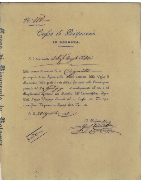 CASSA DI RISPARMIO IN BOLOGNA - TITOLO IN SCUDI ROMANI 1844