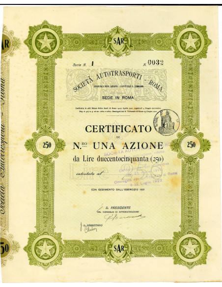 1922 - SAR SOCIETA' AUTOTRASPORTI ROMA - 1 AZIONE