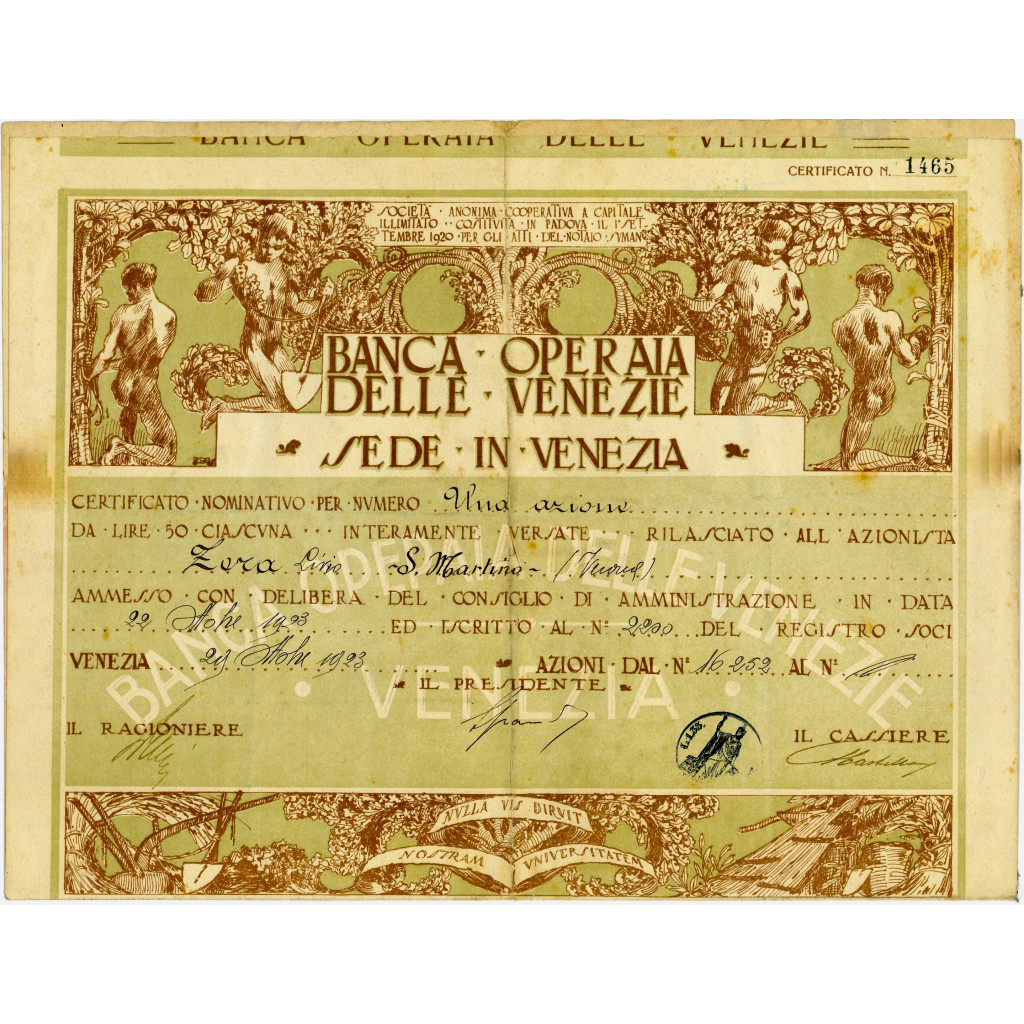 1923 - BANCA OPERAIA DELLE VENEZIE - 1 AZIONE -...
