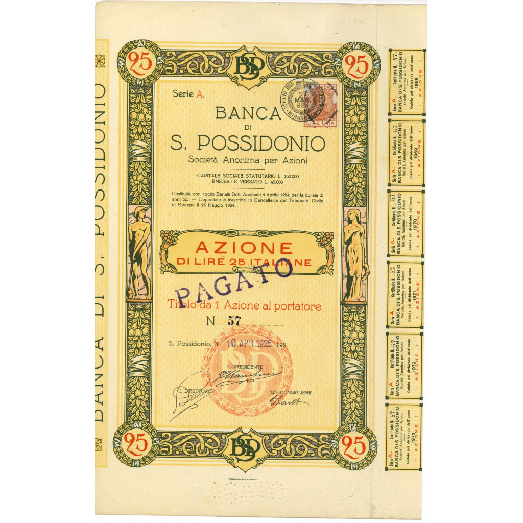 1925 - BANCA DI S. POSSIDONIO 1 AZIONE DA LIRE 25 ITALIANE