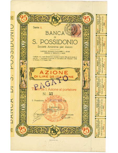 1925 - BANCA DI S. POSSIDONIO 1 AZIONE DA LIRE 25 ITALIANE