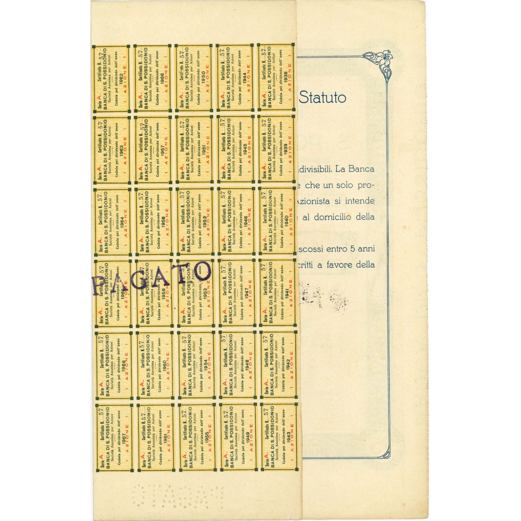 1925 - BANCA DI S. POSSIDONIO 1 AZIONE DA LIRE...