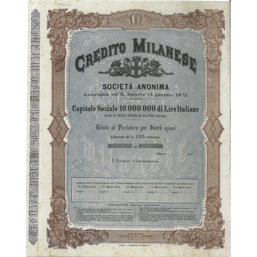 CREDITO MILANESE - 10 AZIONI MILANO 1872