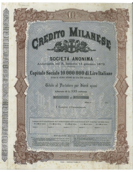 CREDITO MILANESE - 10 AZIONI MILANO 1872