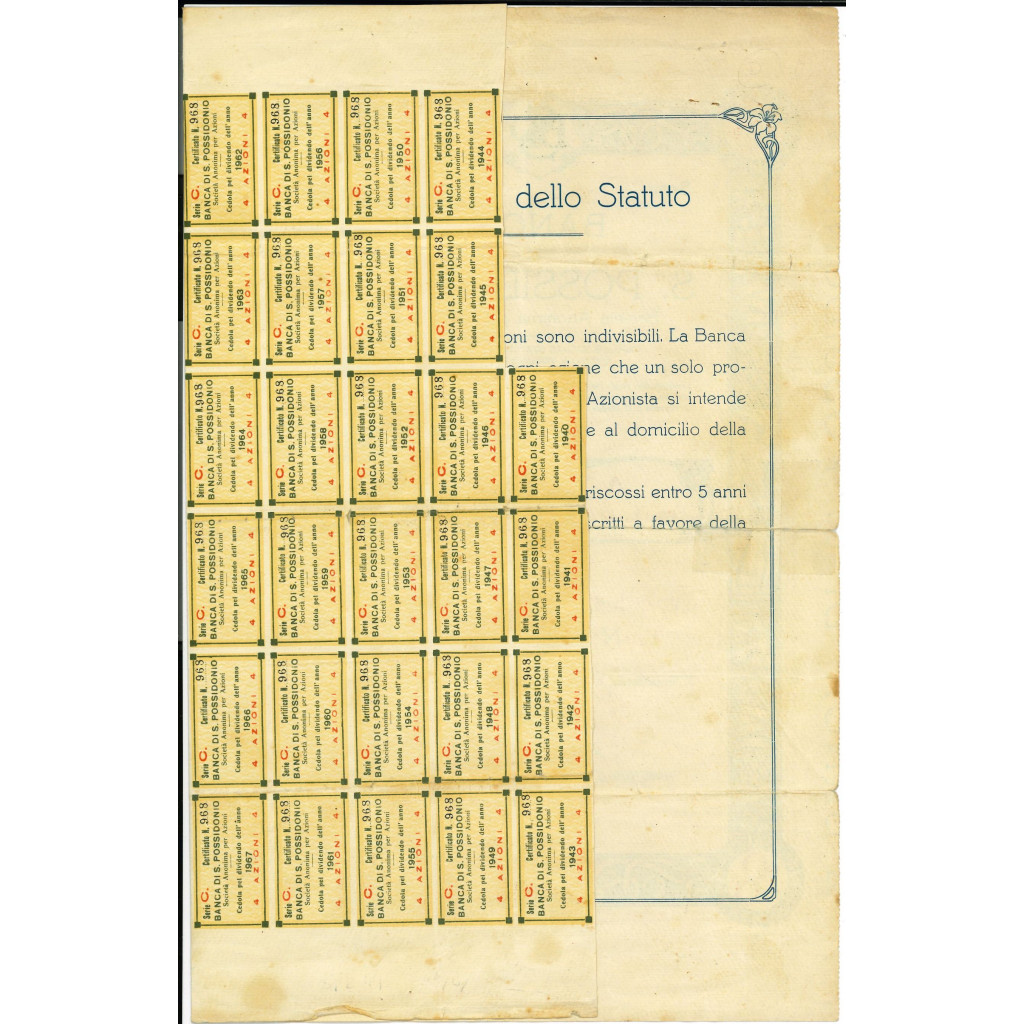 1925 - BANCA DI S. POSSIDONIO 1 AZIONE DA LIRE...