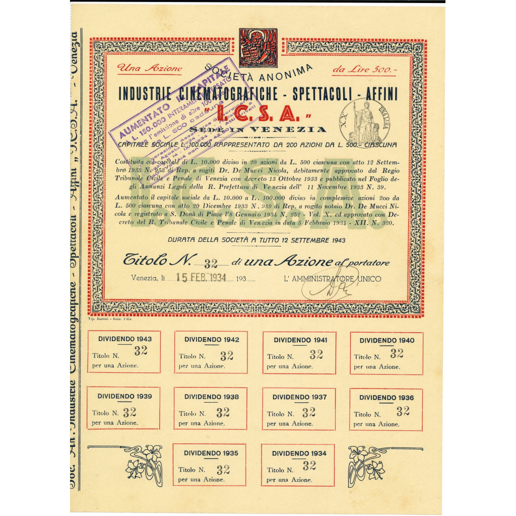 1934 - I.C.S.A. INDUSTRIE CINEMATOGRAFICHE -...