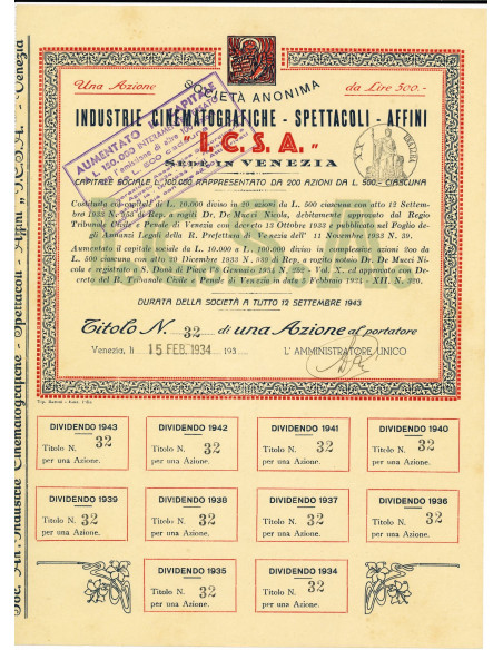 1934 - I.C.S.A. INDUSTRIE CINEMATOGRAFICHE - SPETTACOLI - AFFINI - 1 azione - VENEZIA