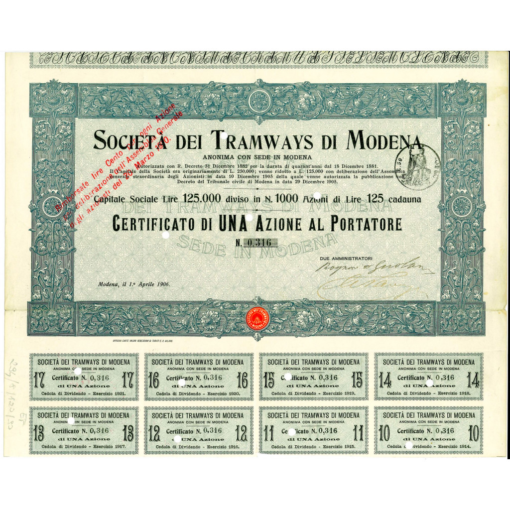 1906 - SOC. DEI TRAMWAYS DI MODENA - 1 AZIONE...
