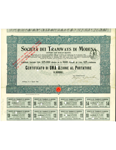 1906 - SOC. DEI TRAMWAYS DI MODENA - 1 AZIONE DI LIRE 125 - MODENA