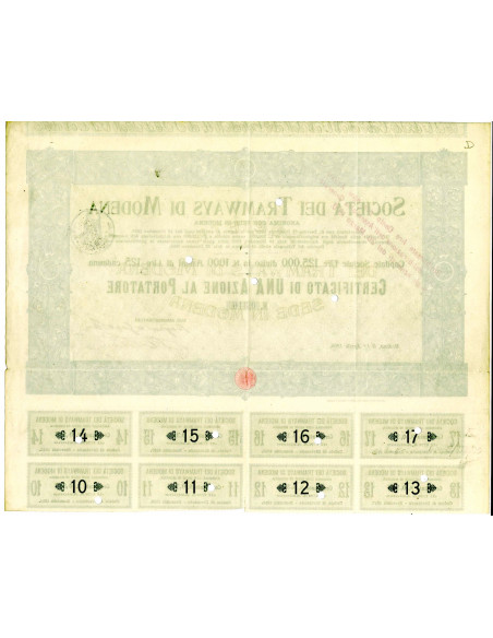 1906 - SOC. DEI TRAMWAYS DI MODENA - 1 AZIONE DI LIRE 125 - MODENA