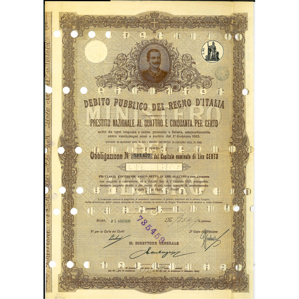 1920 - OBBLIGAZIONE LIRE 100 - REGNO D'ITALIA -...