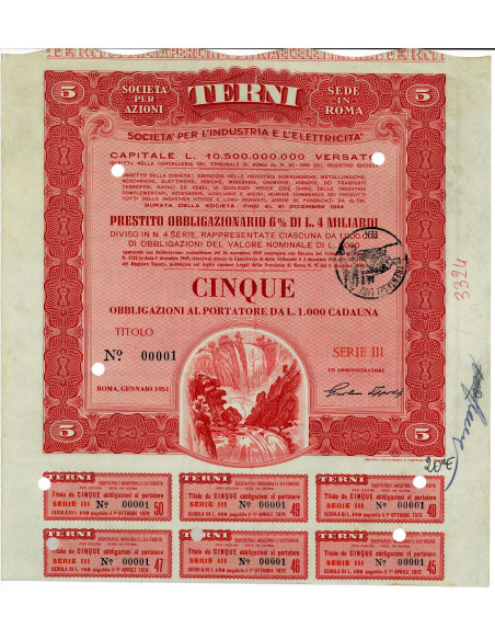 1951 - TERNI - SOCIETA' PER L' INDUSTRIA E L' ELETTRICITA' 5 AZIONI SERIE III  - ROMA