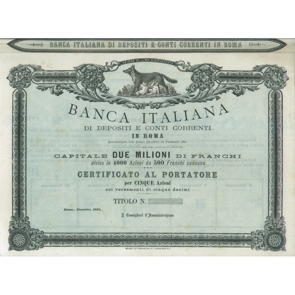 BANCA ITALIANA DI DEPOSITI E CONTI CORRENTI - 5 AZIONI ROMA 1882