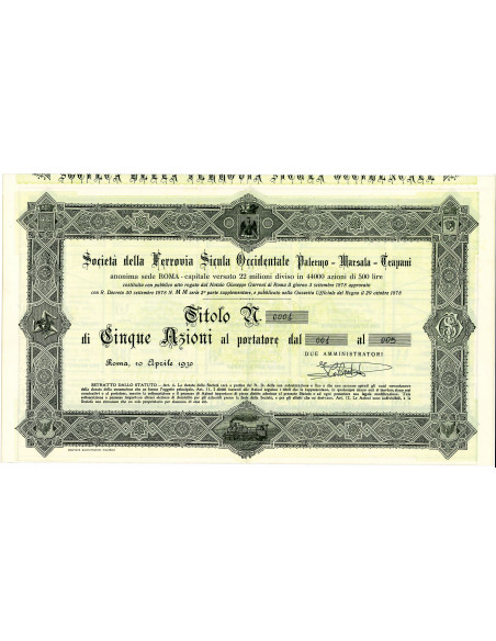 1930 - SOC. DELLA FERROVIA SICULA OCCIDENTALE PALERMO - 5 AZIONI - ROMA