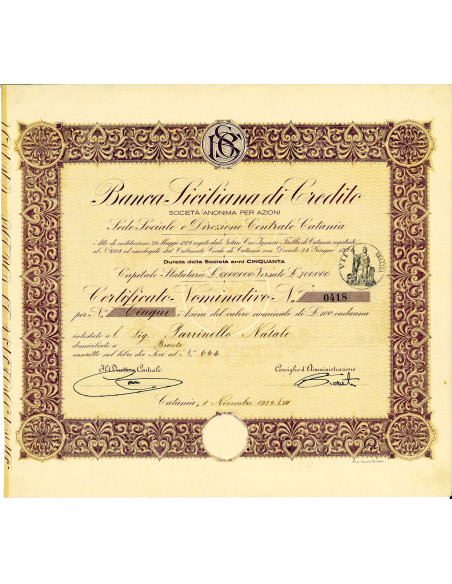 1929 - BANCA SICILIANA DI CREDITO 1 AZIONE - CATANIA