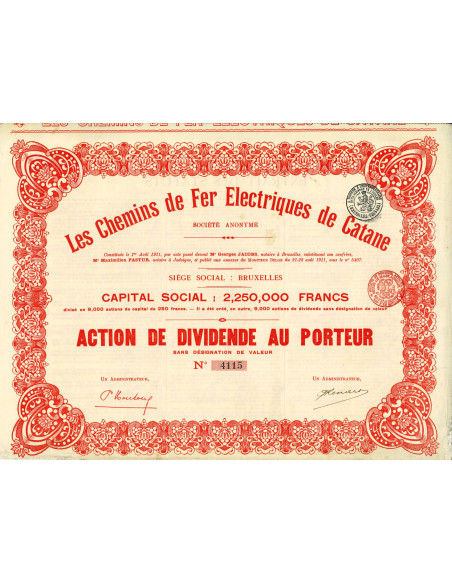 1904 - TRAMWAYS ET ECLAIRAGE ELECTRIQUES A CATANE Azione di dividendo al portatore