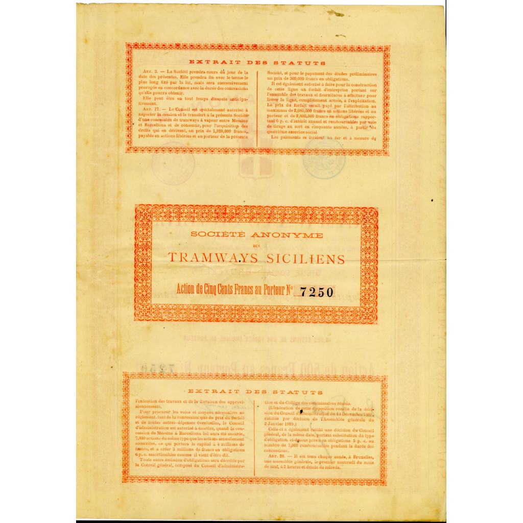 1888 - TRAMWAYS SICILIENS - AZIONE DA 500 FRS