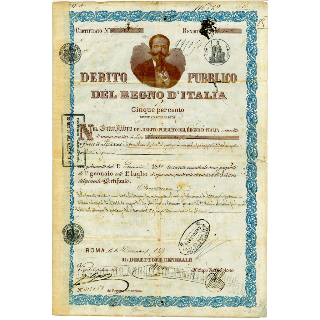 1879 - DEBITO PUBBLICO REGNO D'ITALIA VITTORIO...