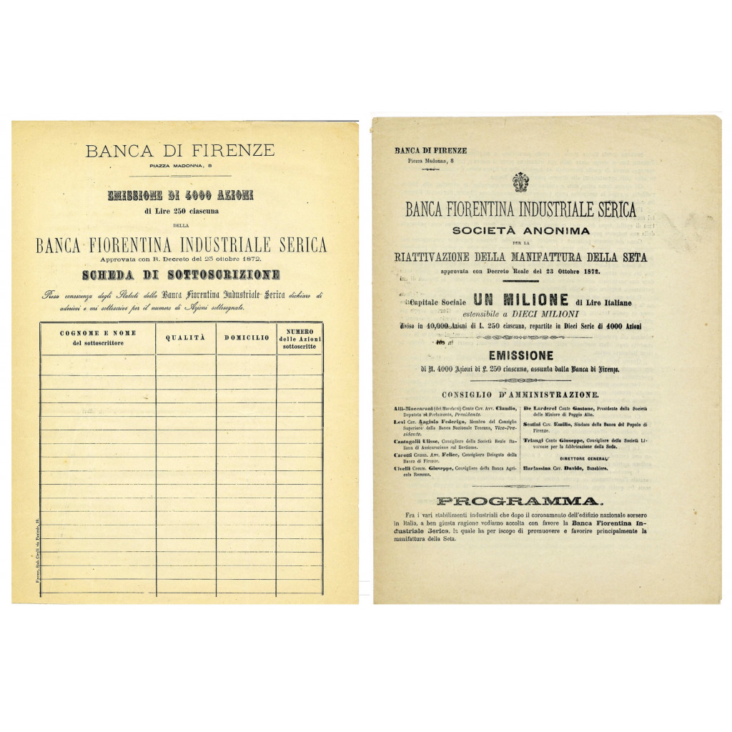 1872 - BANCA FIORENTINA INDUSTRIALE SERICA -...