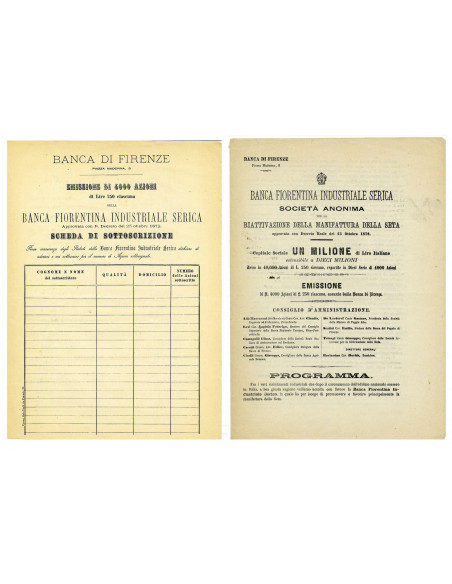 1872 - BANCA FIORENTINA INDUSTRIALE SERICA - SCHEDA SOTTOSCRIZIONE  E PROGRAMMA - FIRENZE