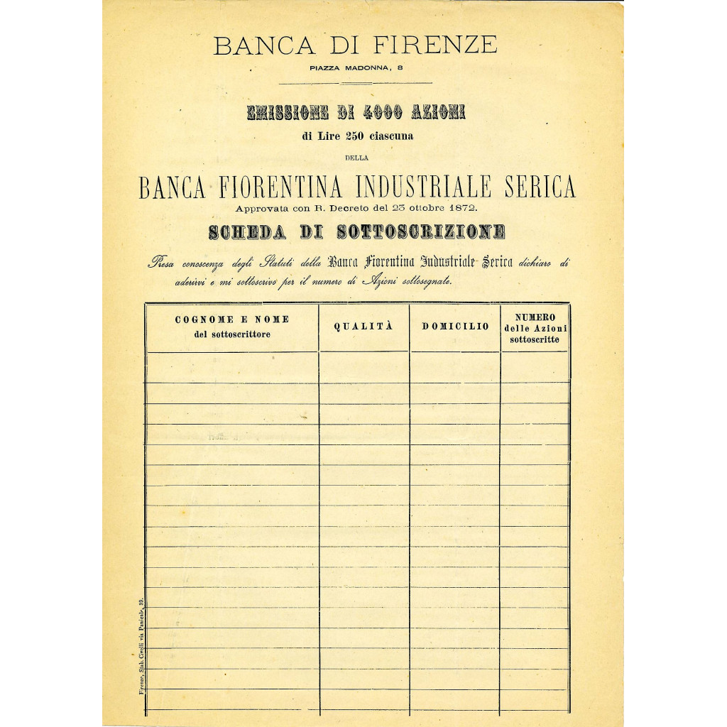 1872 - BANCA FIORENTINA INDUSTRIALE SERICA -...