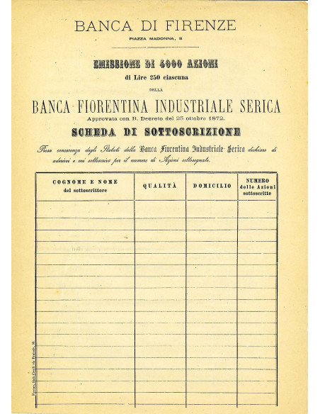 1872 - BANCA FIORENTINA INDUSTRIALE SERICA - SCHEDA SOTTOSCRIZIONE  E PROGRAMMA - FIRENZE