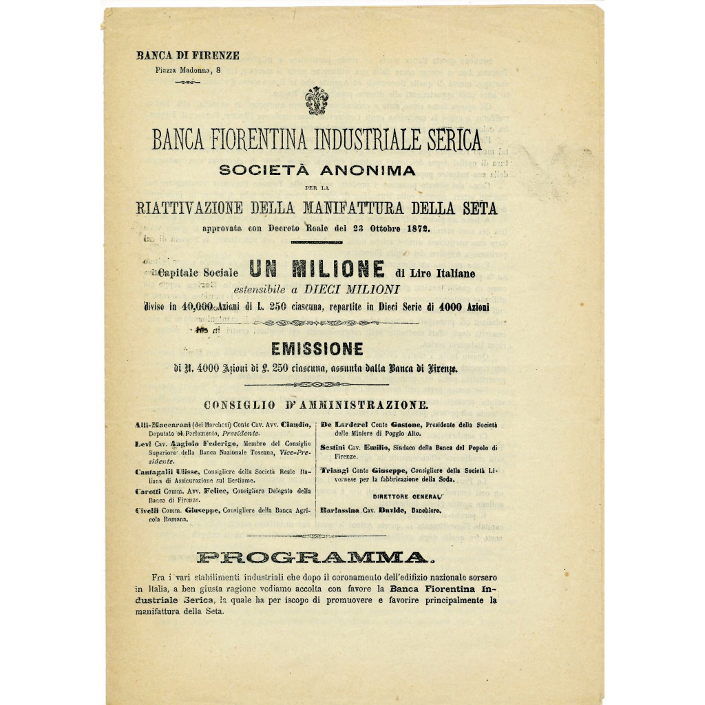1872 - BANCA FIORENTINA INDUSTRIALE SERICA -...