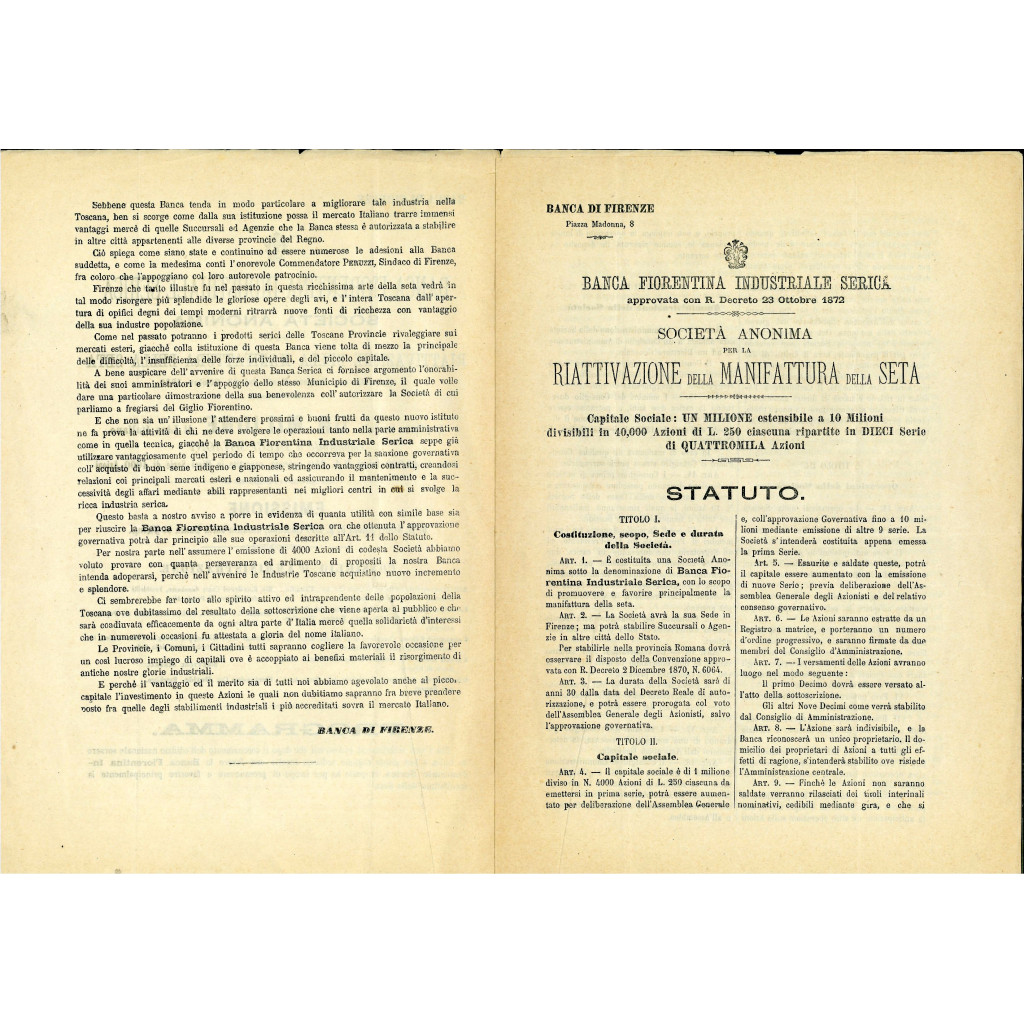 1872 - BANCA FIORENTINA INDUSTRIALE SERICA -...