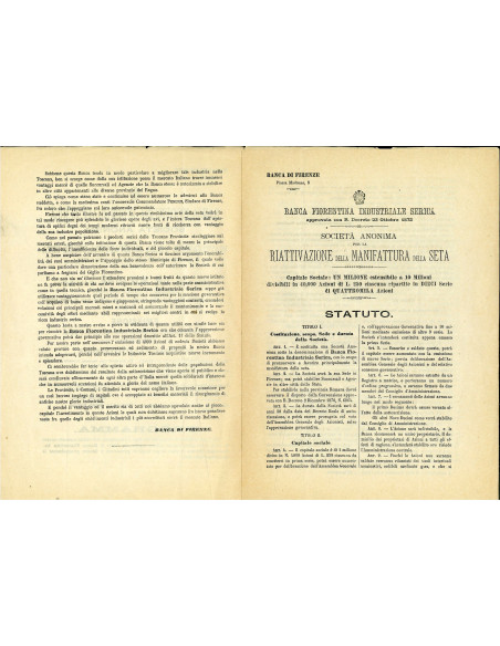 1872 - BANCA FIORENTINA INDUSTRIALE SERICA - SCHEDA SOTTOSCRIZIONE  E PROGRAMMA - FIRENZE