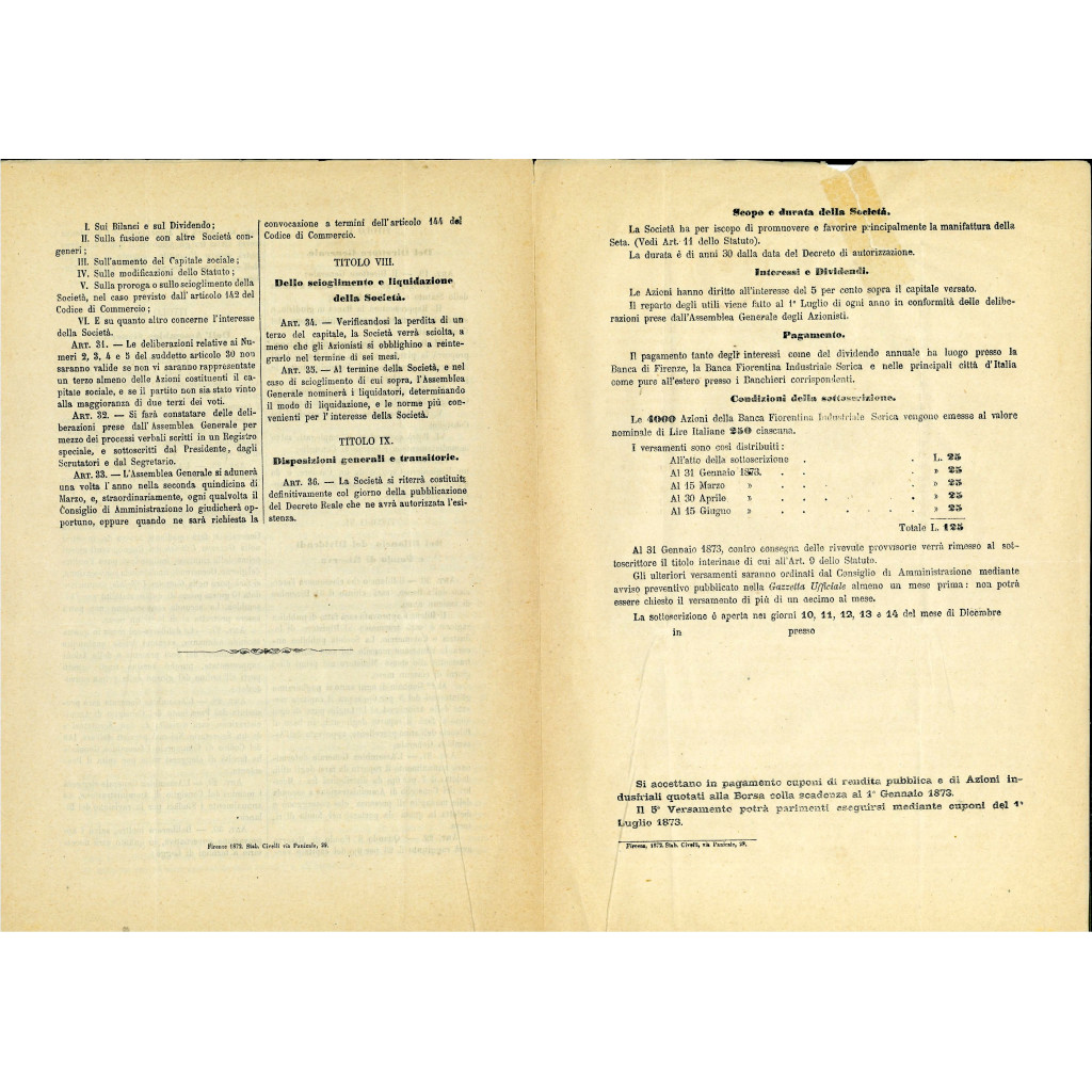 1872 - BANCA FIORENTINA INDUSTRIALE SERICA -...
