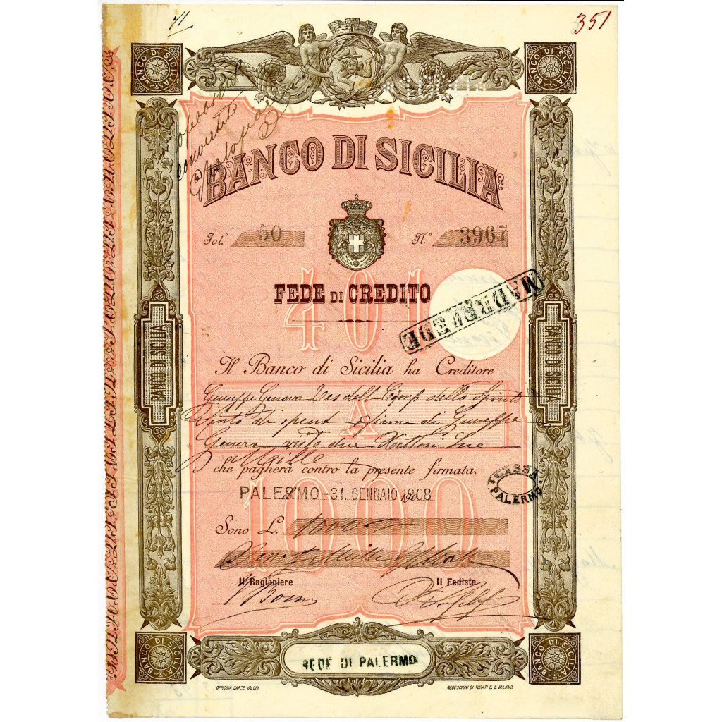 1922  - BANCO DI SICILIA - FEDE DI CREDITO 1000...