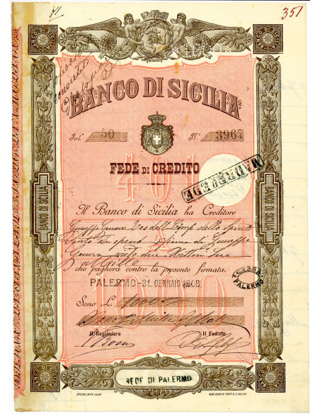 1922  - BANCO DI SICILIA - FEDE DI CREDITO 1000 LIRE - PALERMO