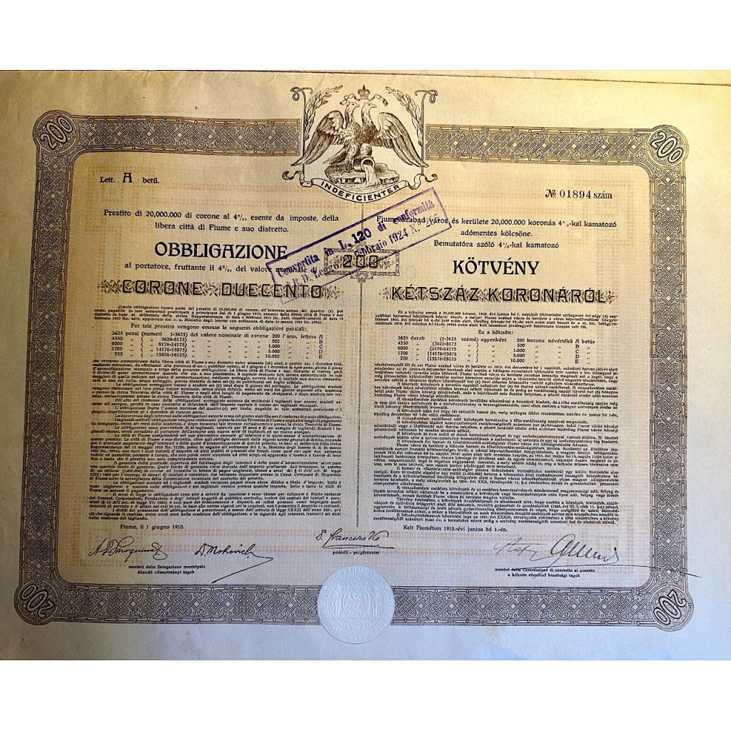 1910 - PRESTITO CITTA' DI FIUME 4% 200 CORONE