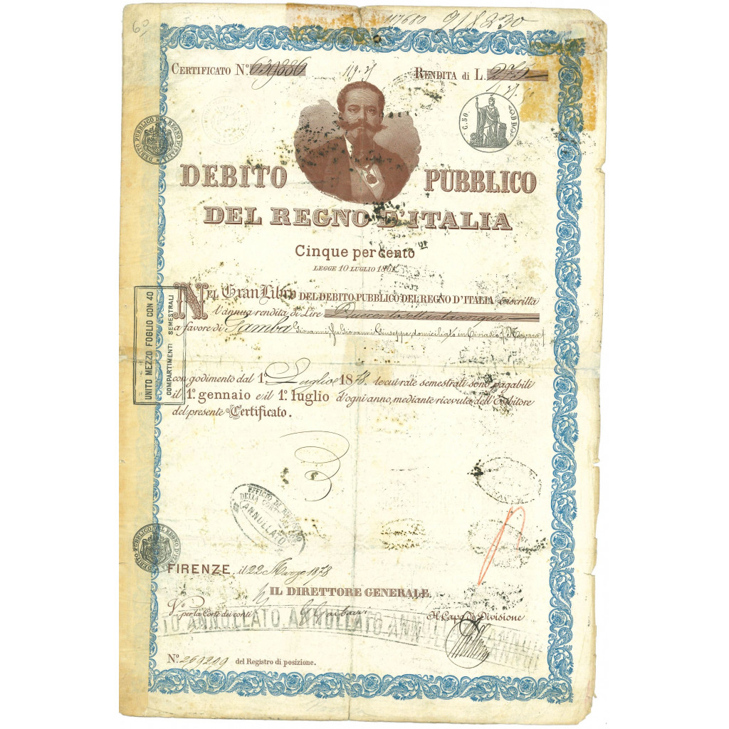 1878 - CERTIFICATO DI RENDITA DEB. PUB.REGNO D'ITALIA - FIRENZE