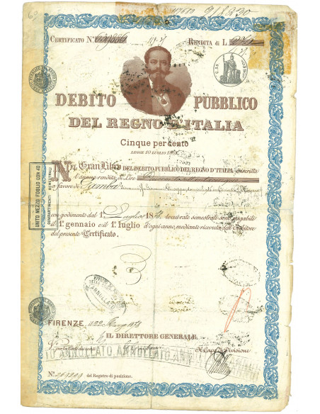 1878 - CERTIFICATO DI RENDITA DEB. PUB.REGNO D'ITALIA - FIRENZE