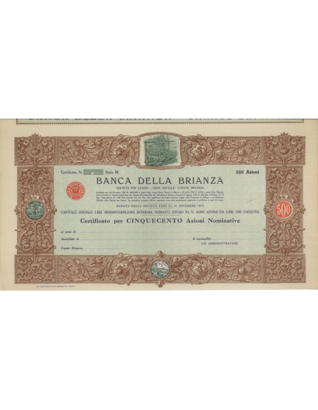 BANCA DELLA BRIANZA - 500 AZIONI CARATE BRIANZA 1923