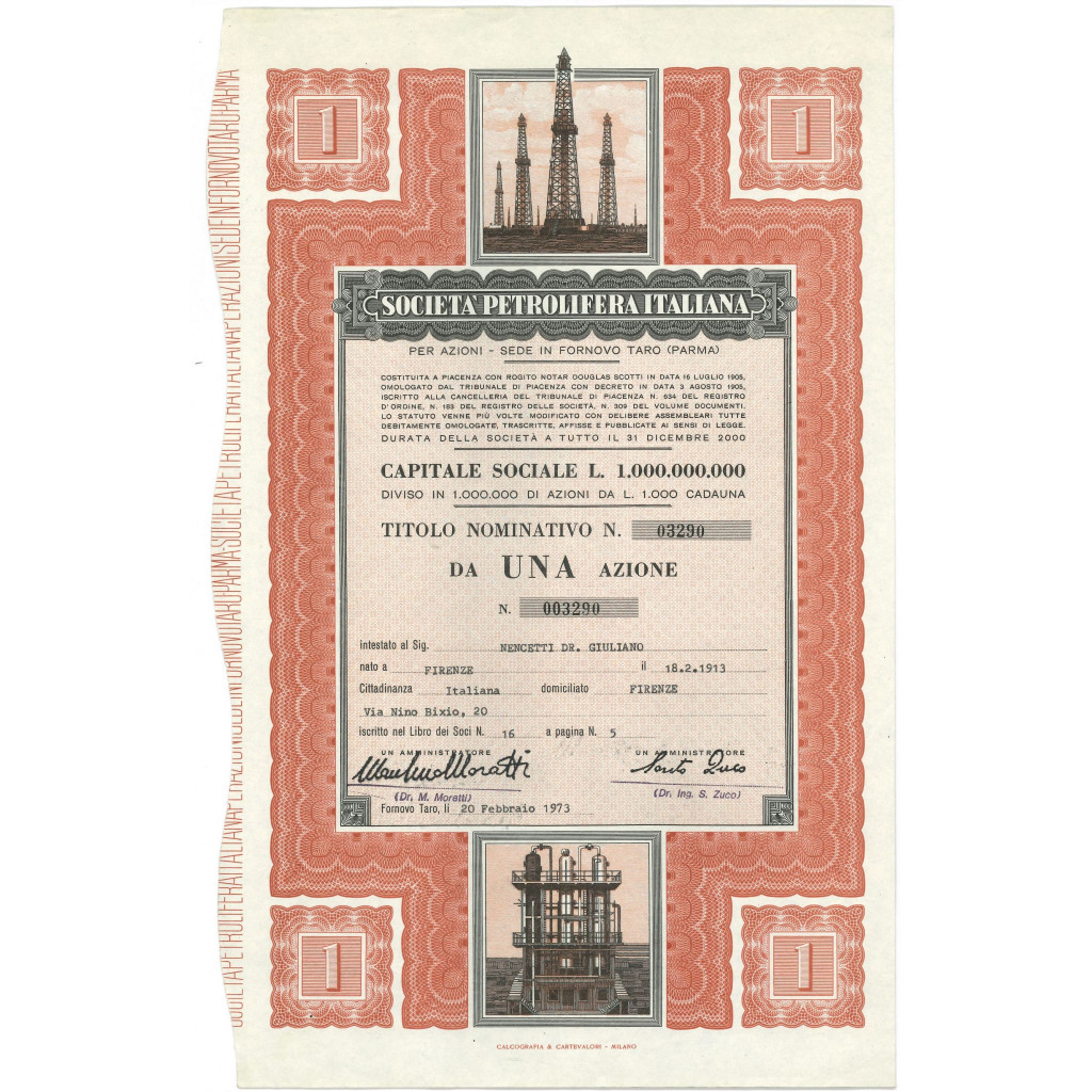 1973 - SOCIETA' PETROLIFERA ITALIANA - 1 AZIONE...