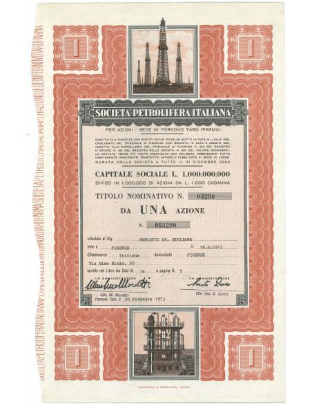 1973 - SOCIETA' PETROLIFERA ITALIANA - 1 AZIONE - FORNOVO TARO - FIRMA MORATTI