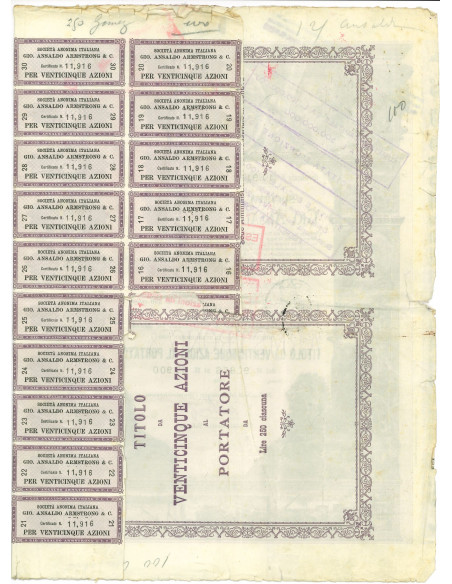 1904 - ITALIANA GIO. ANSALDO ARMSTRONG E C. 25 AZIONI ROMA