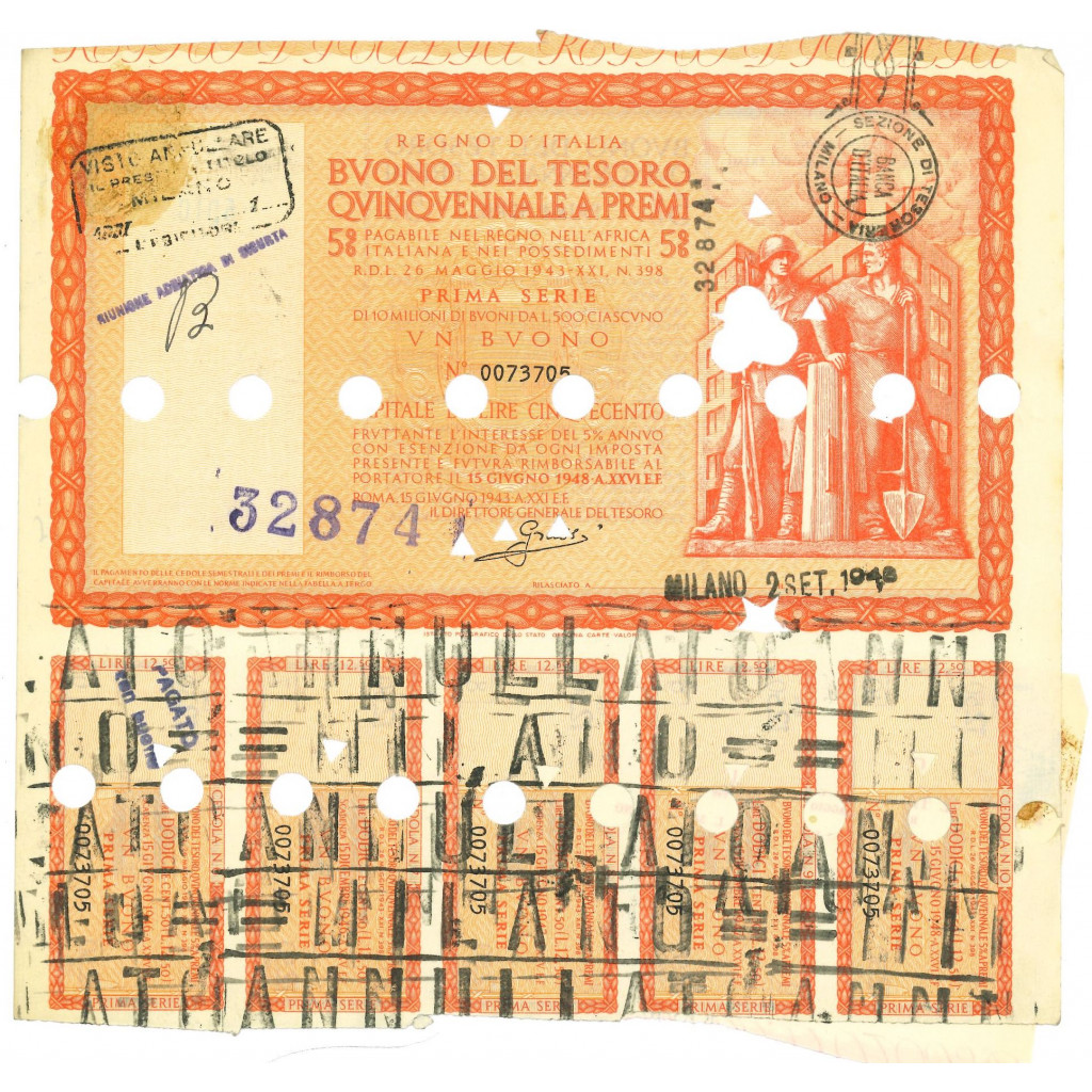 BUONO DEL TESORO QUINQUENNALE SERIE PRIMA MILANO 1948