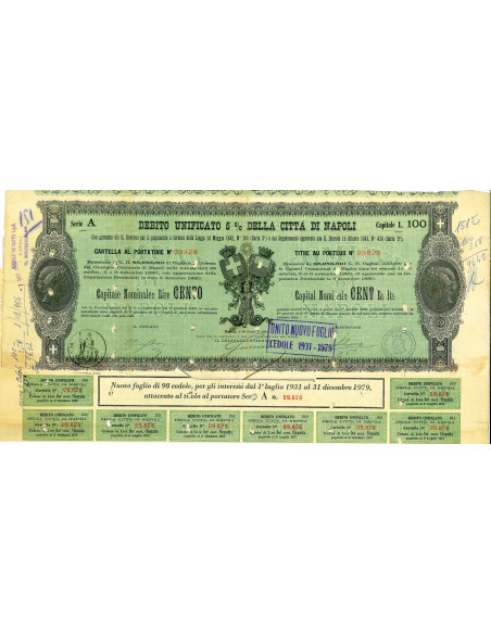 1881 - DEBITO UNIFICATO 5% - CITTA' DI NAPOLI - CARTELLA DA LIRE 100